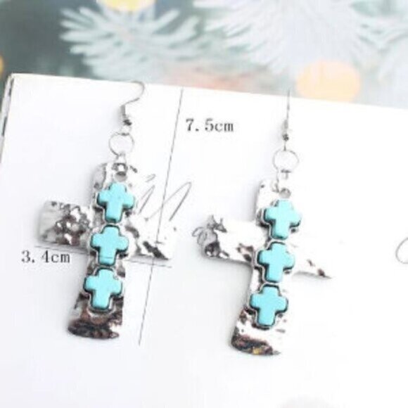 Inlaid Cross Pendant Dangle Stone Drop Earrings Jewelry Womens Party - Picture 2 of 4